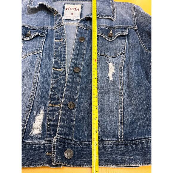 Mudd Sequined Coquette White Baseball Bow Blue Denim Distressed Jean Jacket Sz M - Picture 8 of 8